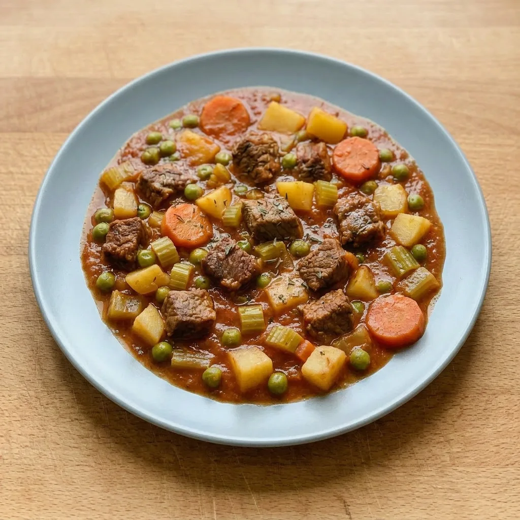 Plated beef stew with chunks of beef, carrots, celery, potatoes, and peas.