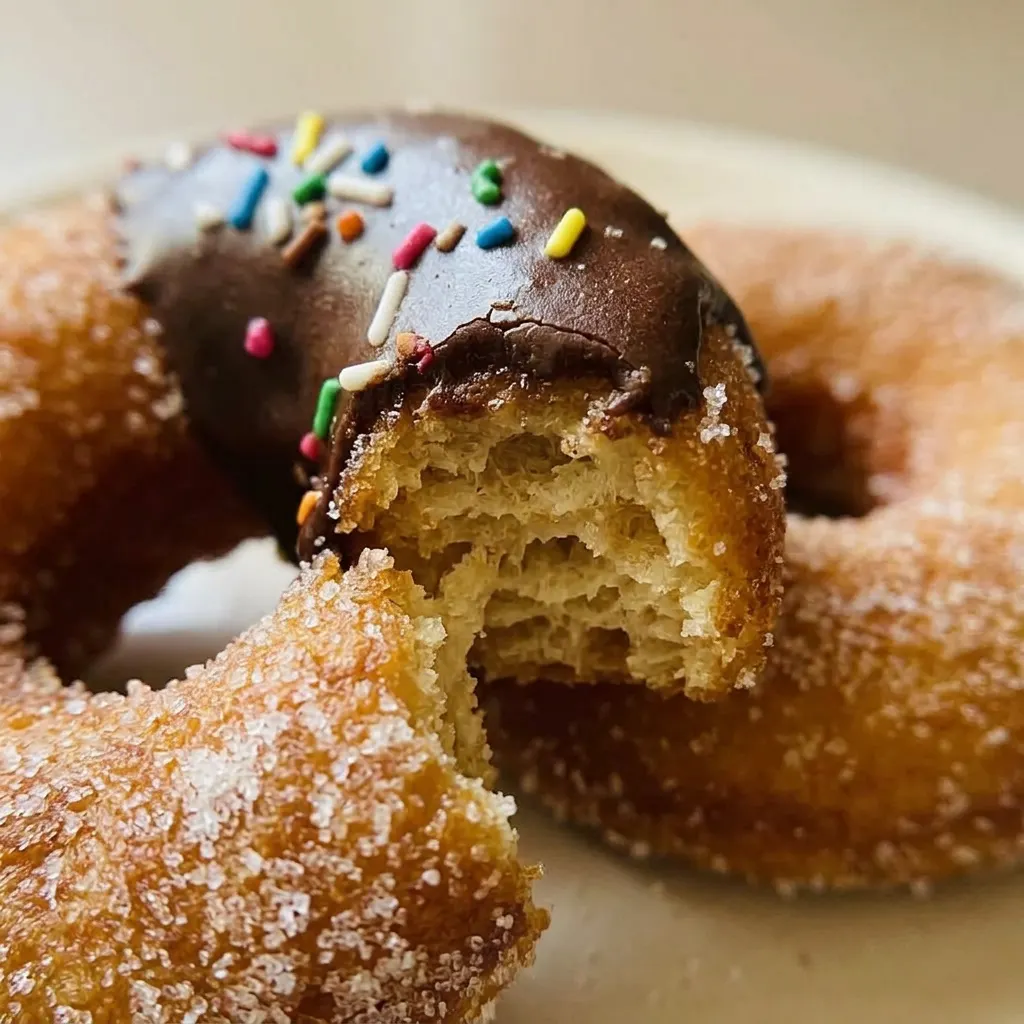Up close, a fried donut with a light dusting of powdered sugar, showing its golden crust and airy interior.