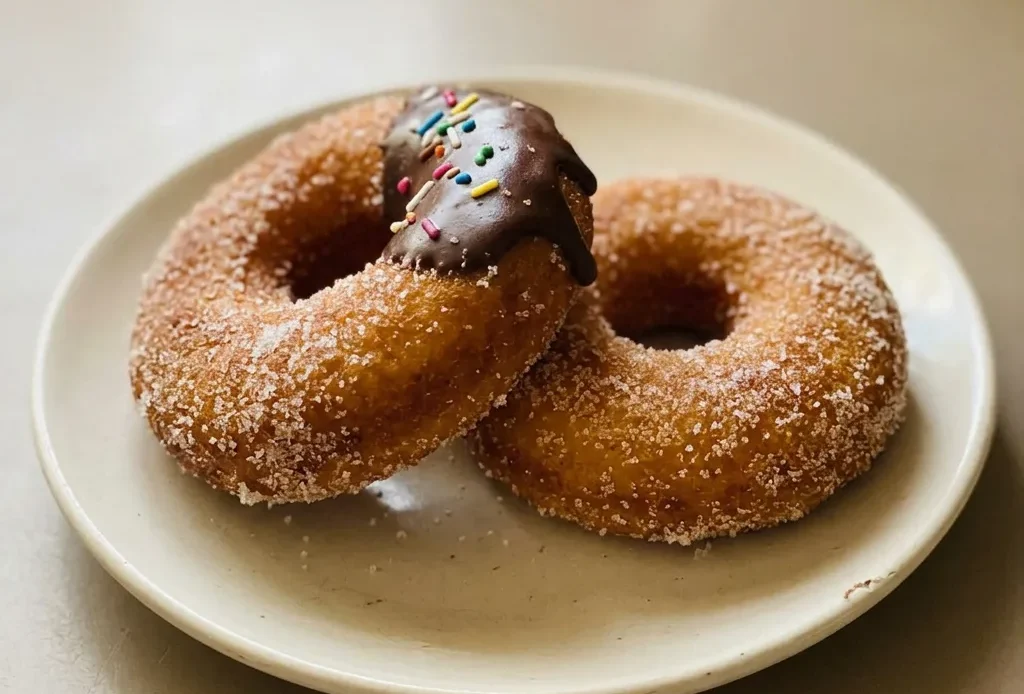 Looking down at a pile of golden brown fried donuts dusted with powdered sugar.
