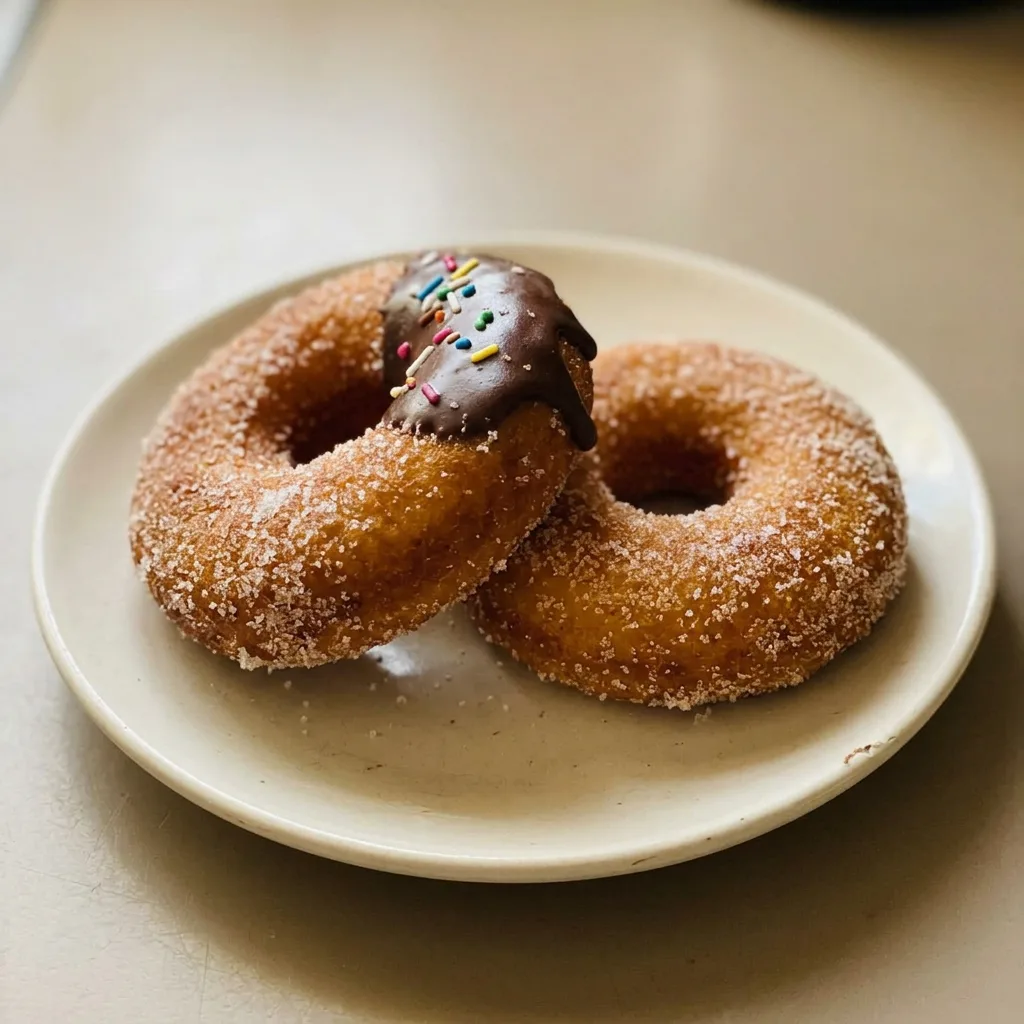 Looking down at a pile of golden brown fried donuts dusted with powdered sugar.