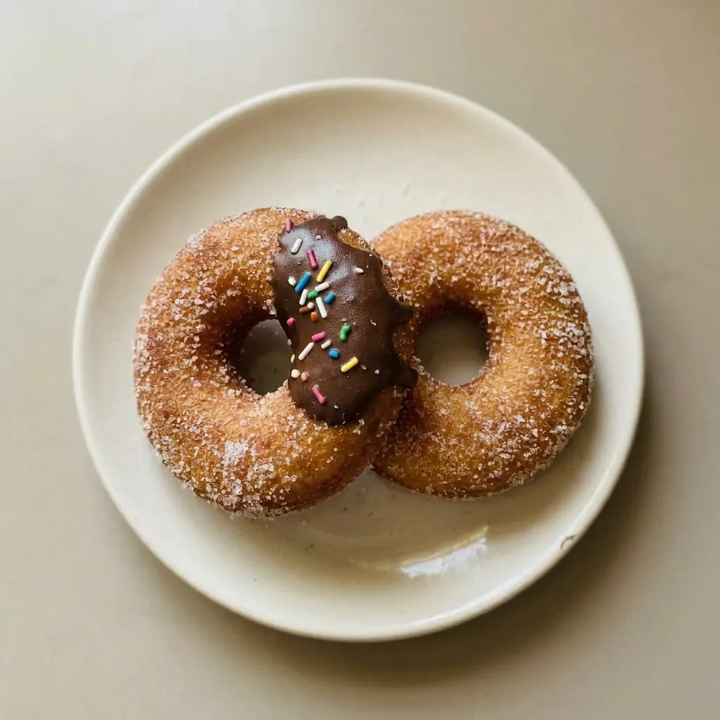 A plate of gluten-free fried donuts, each coated in powdered sugar, stacked in a casual heap.