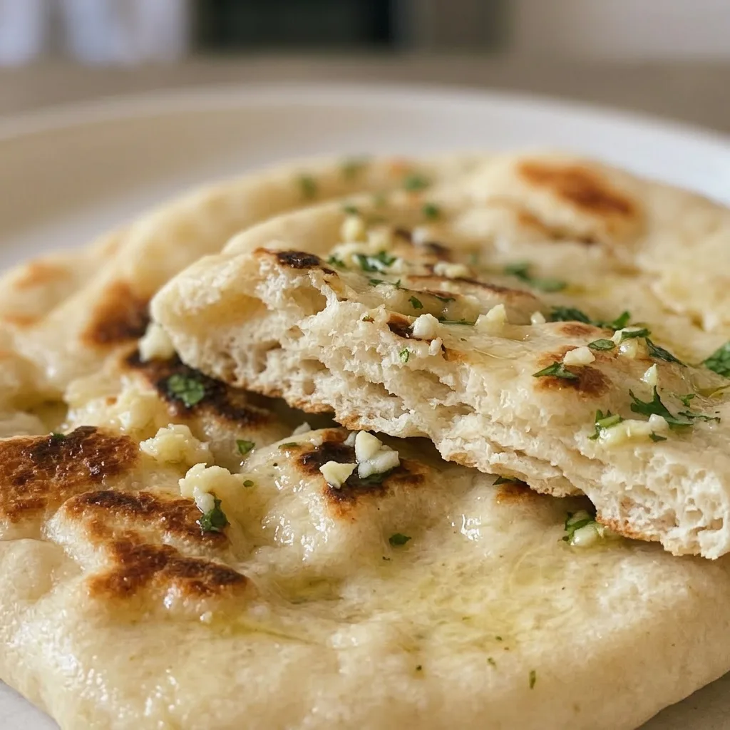 Close view of a warm naan bread with visible garlic pieces and a glossy olive oil sheen, resting on a dark surface.