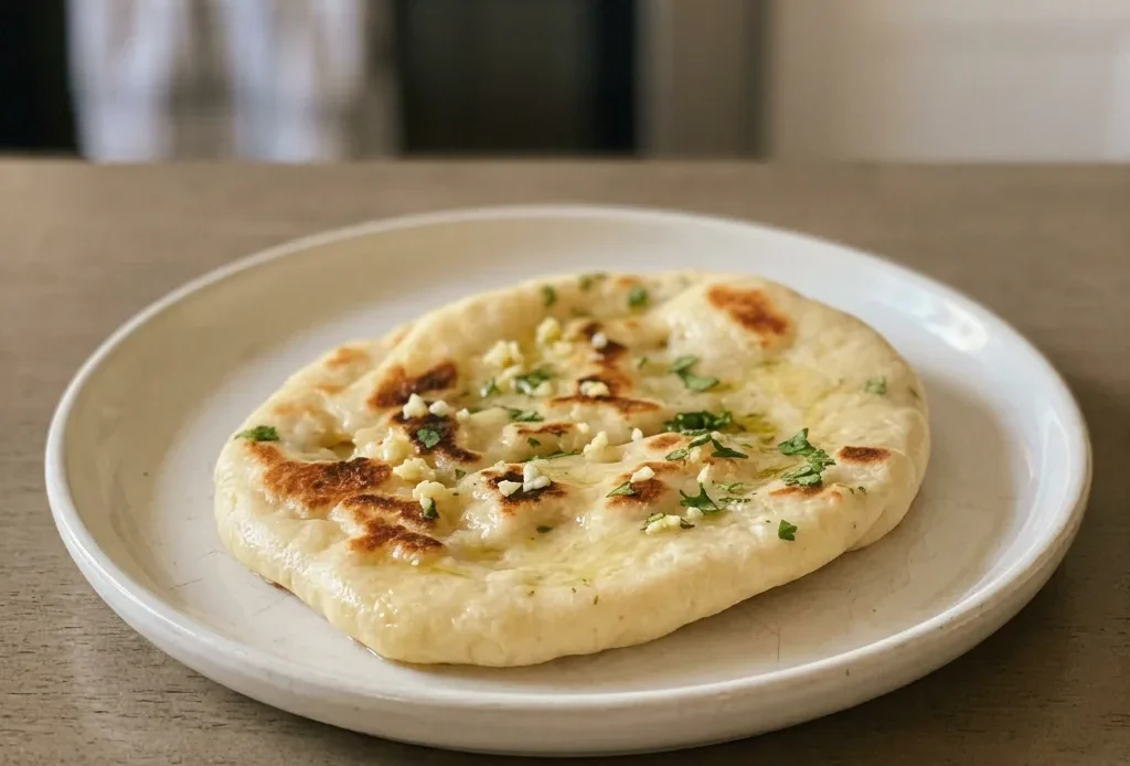 Overhead shot of two golden-brown naan breads brushed with garlic and olive oil, one topped with fresh parsley.