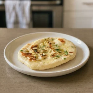 Overhead shot of two golden-brown naan breads brushed with garlic and olive oil, one topped with fresh parsley.