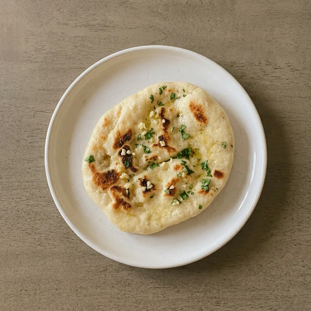 Plated naan bread drizzled with olive oil and sprinkled with garlic, served alongside a small bowl of yogurt dipping sauce.