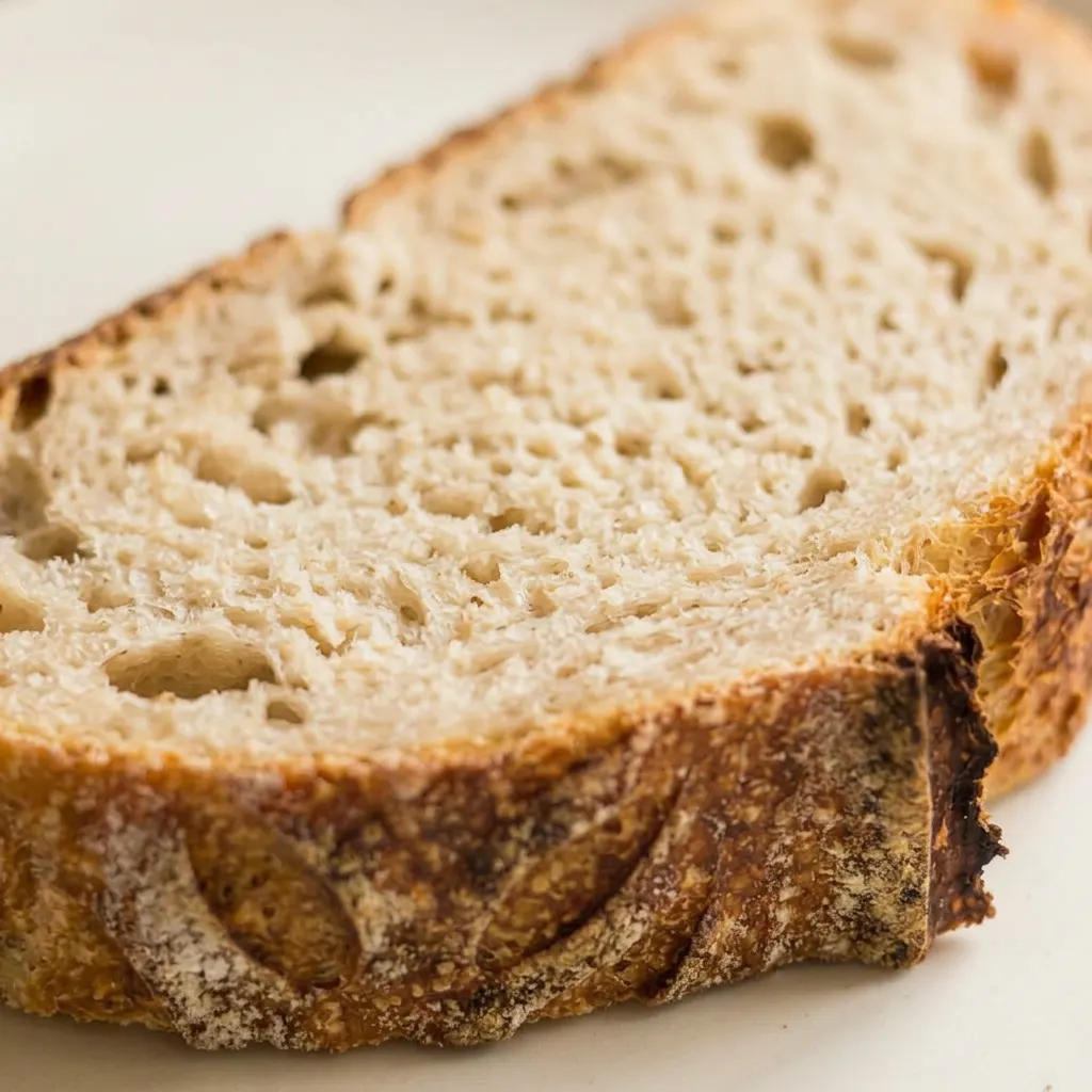 Close view of a slice revealing an airy crumb and a crisp, browned crust with salt specks.