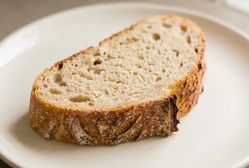 Overhead shot of a round loaf with a scored top, visible salt crystals on the crust.