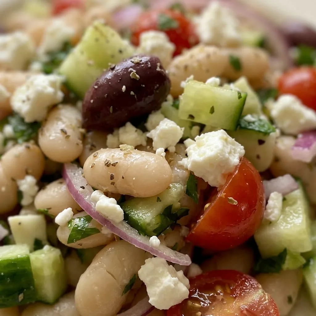 Zoomed in on white beans, cherry tomatoes, and cucumber topped with crumbled feta, Kalamata olives, and red onion rings.