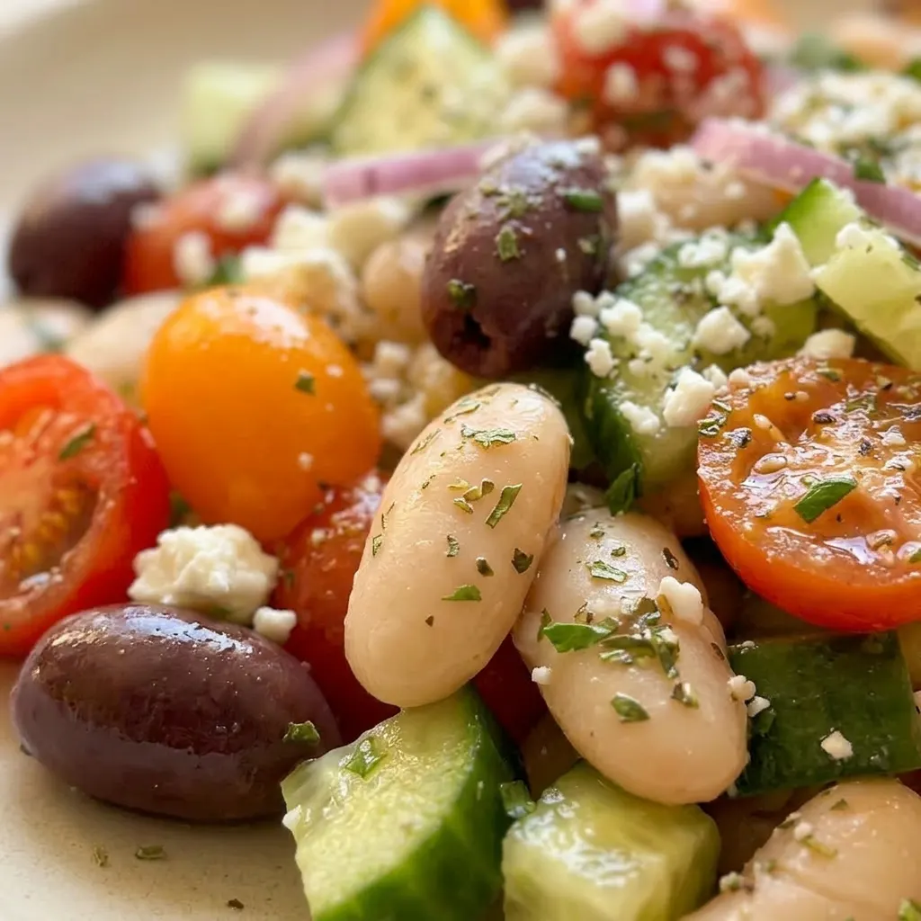 Macro detail of Greek bean salad showing a white bean, a cherry tomato half, a cucumber piece, a Kalamata olive, and feta crumbles with visible oregano and parsley flecks.