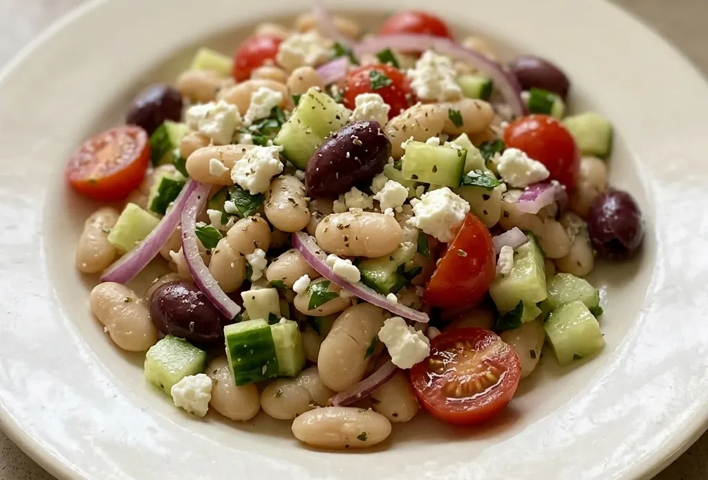 Bird's-eye view of white beans with cucumber, cherry tomatoes, red onion, Kalamata olives, and feta cheese drizzled with lemon juice and olive oil.