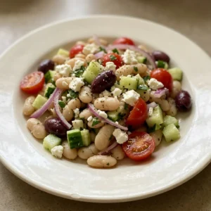 Bird's-eye view of white beans with cucumber, cherry tomatoes, red onion, Kalamata olives, and feta cheese drizzled with lemon juice and olive oil.