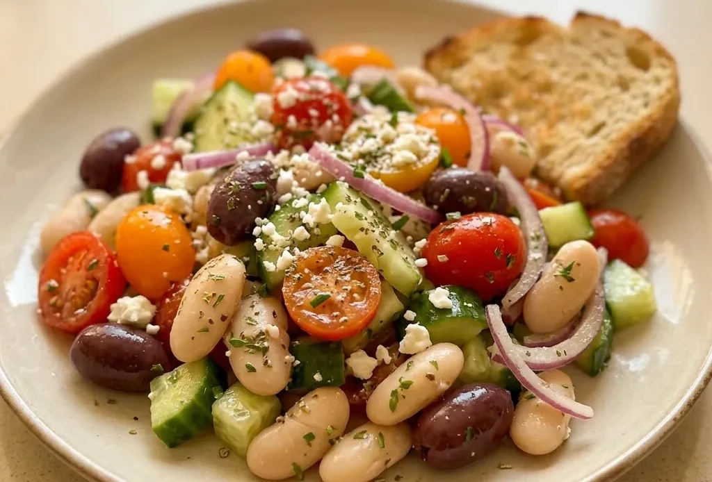 Top-down look at a white bowl of Greek bean salad with white beans, cucumber chunks, halved cherry tomatoes, red onion rings, Kalamata olives, and crumbled feta cheese.