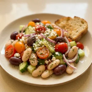 Top-down look at a white bowl of Greek bean salad with white beans, cucumber chunks, halved cherry tomatoes, red onion rings, Kalamata olives, and crumbled feta cheese.