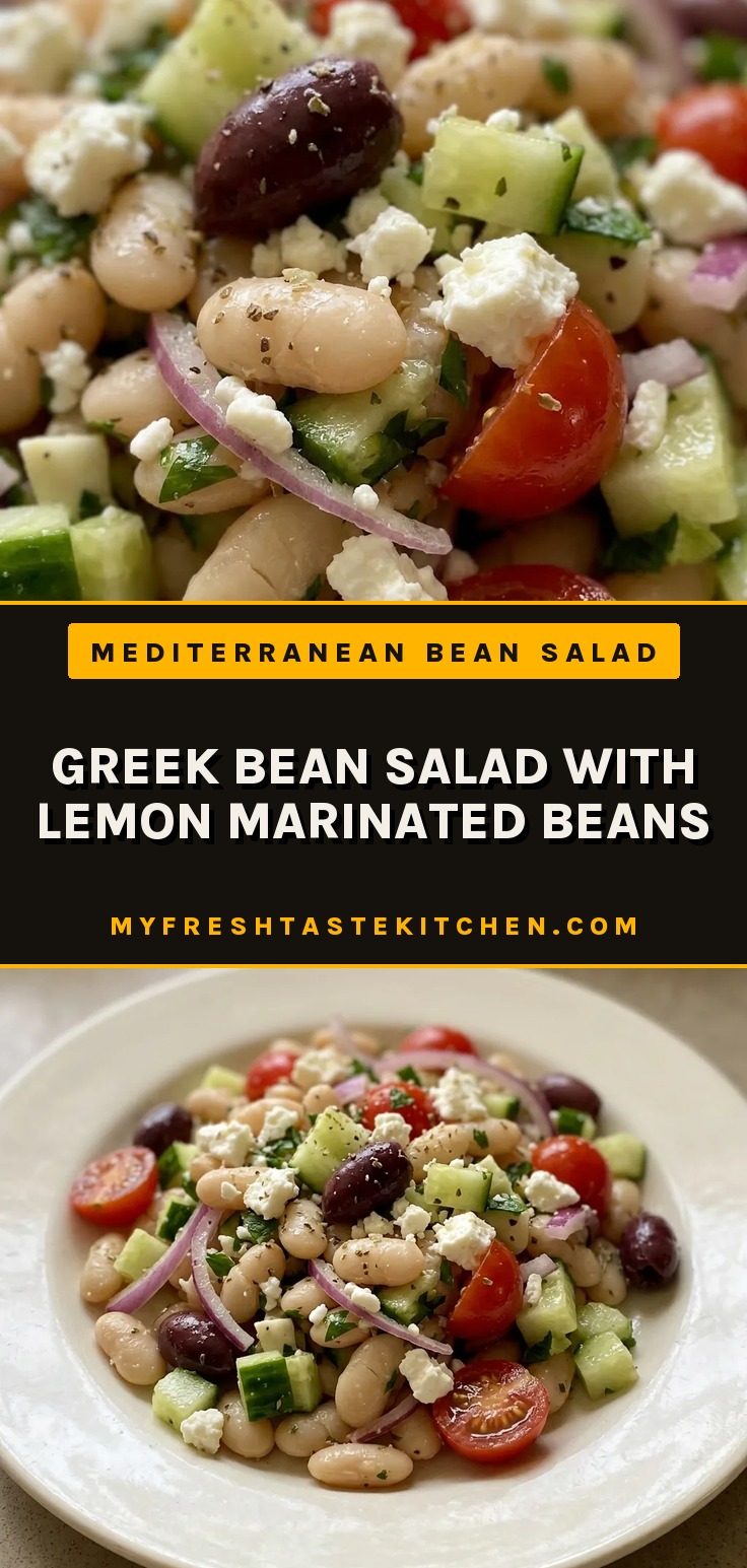 Greek bean salad with lemon marinated beans, white beans, cucumber, cherry tomatoes, and feta cheese.