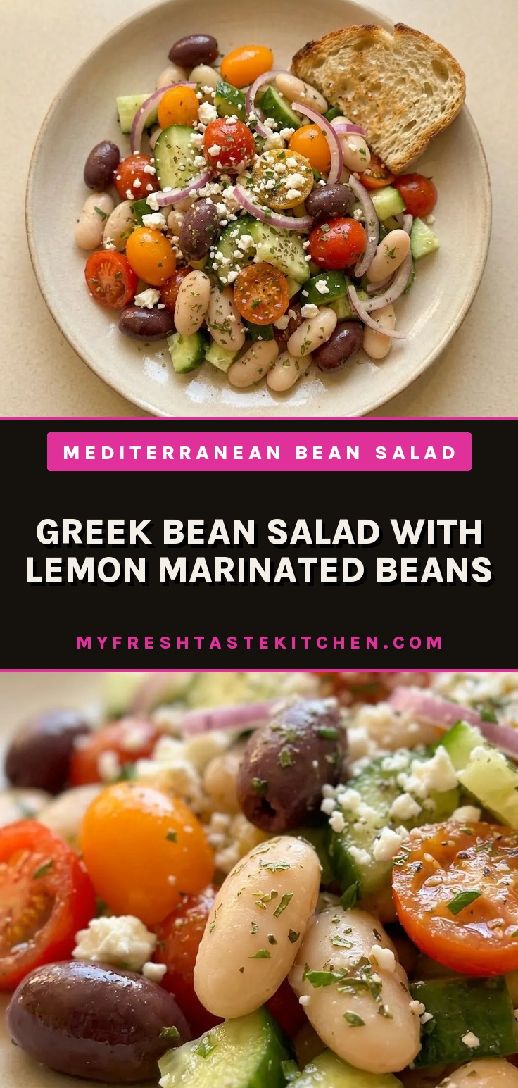 Greek bean salad with white beans, cucumber, cherry tomatoes, and feta cheese in a bowl.