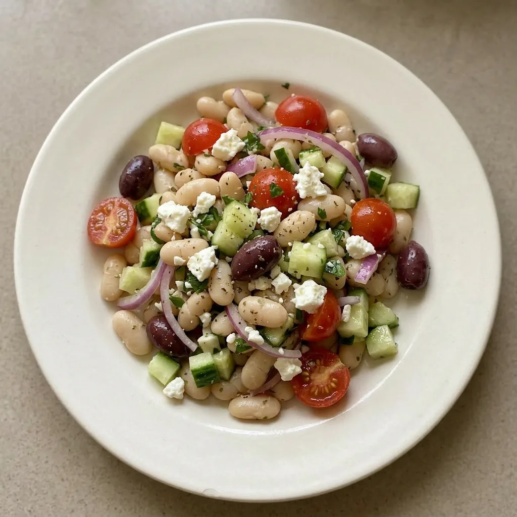 Ready to serve: white beans, cucumber, cherry tomatoes, red onion, Kalamata olives, and feta cheese with lemon and olive oil dressing.