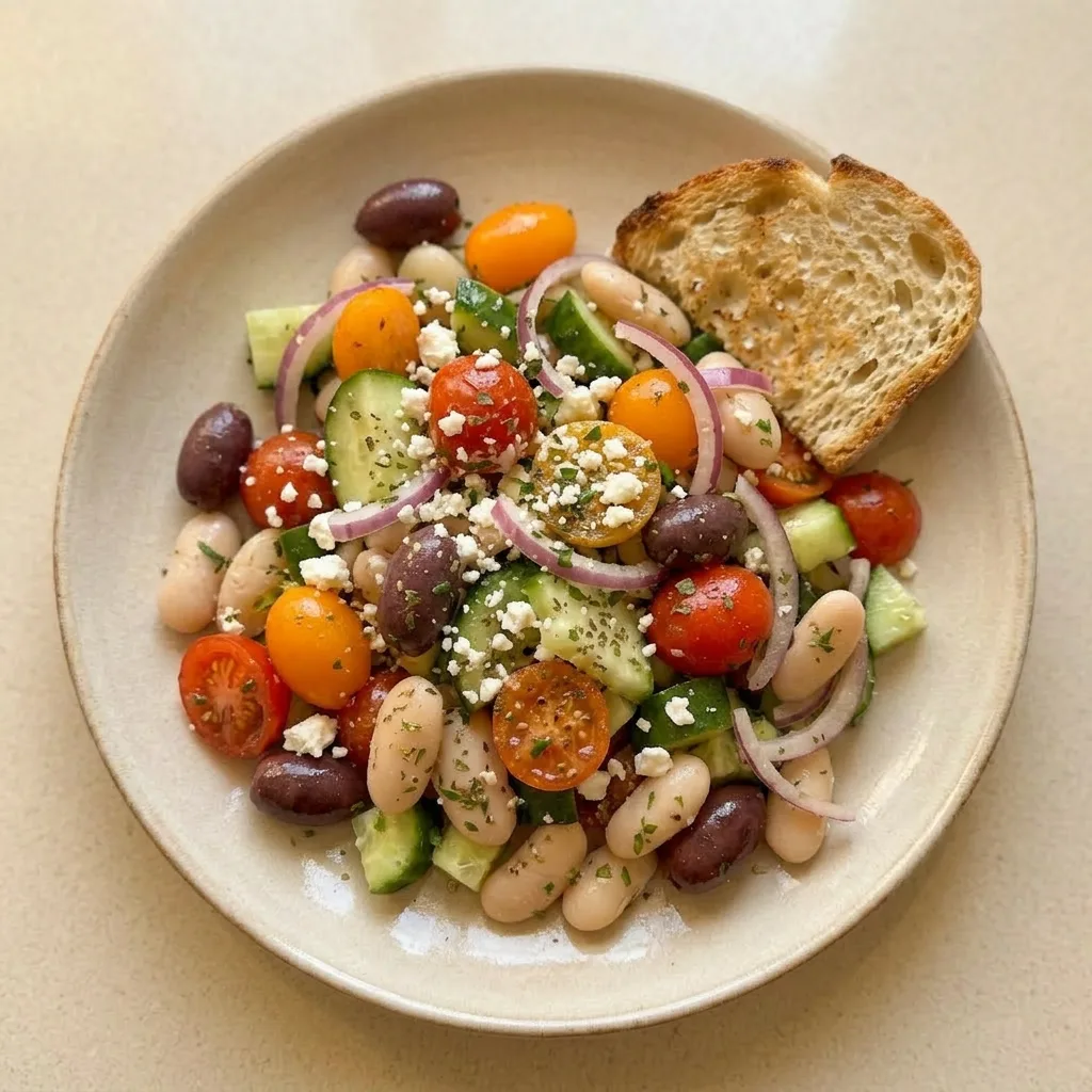 A serving of Greek bean salad in a bowl, featuring white beans, cucumber, cherry tomatoes, red onion, Kalamata olives, and feta cheese, drizzled with lemon and olive oil.