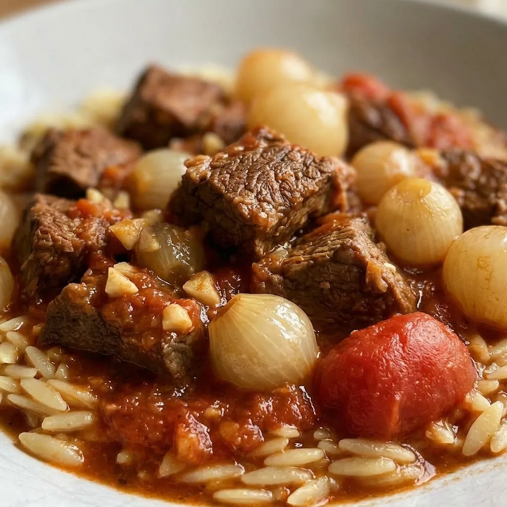 Macro detail of tender beef chuck and glossy pearl onions in red wine tomato sauce, with cinnamon and allspice visible.