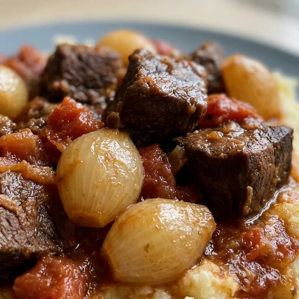 Close view of Stifado showing tender beef chuck and whole pearl onions in a rich red wine and tomato sauce, with cinnamon stick and allspice berries.