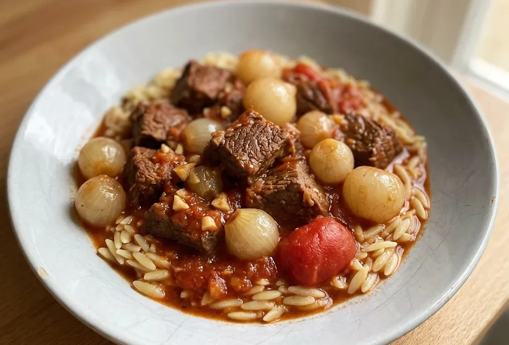 Top-down look at beef stew with pearl onions and tomato sauce, garnished with cinnamon stick and allspice berries.