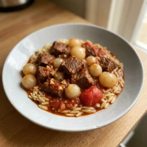 Top-down look at beef stew with pearl onions and tomato sauce, garnished with cinnamon stick and allspice berries.
