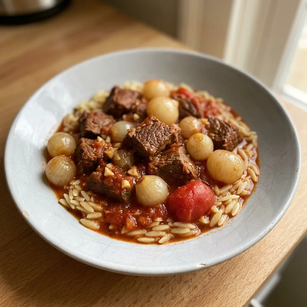 Top-down look at beef stew with pearl onions and tomato sauce, garnished with cinnamon stick and allspice berries.