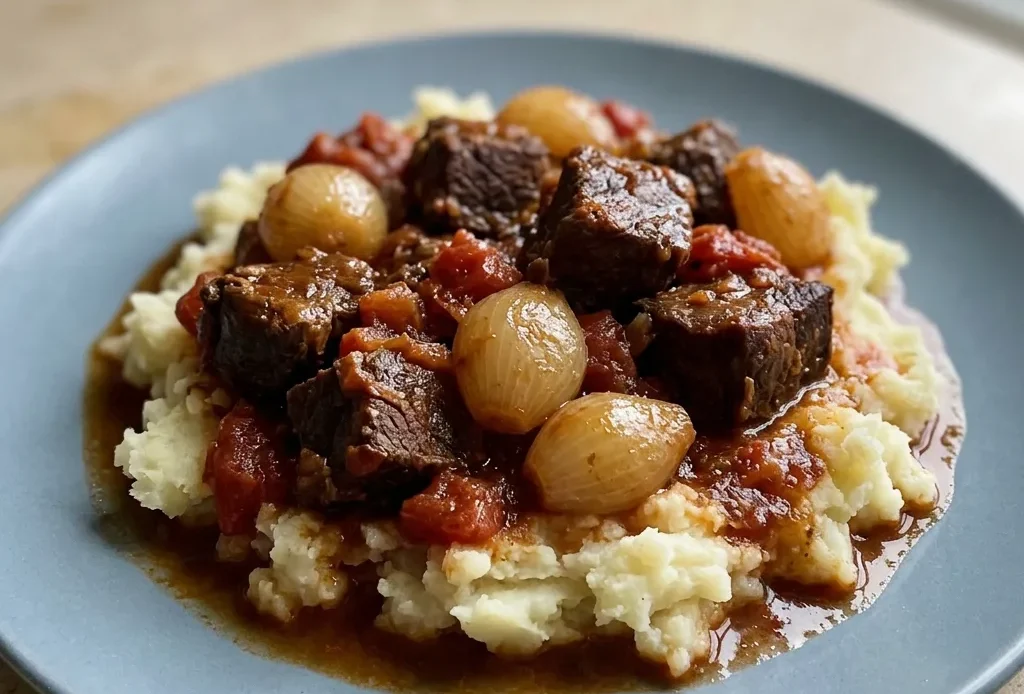 Overhead shot of a bowl of Stifado with beef chunks, pearl onions, and tomato sauce, garnished with cinnamon stick and allspice berries.