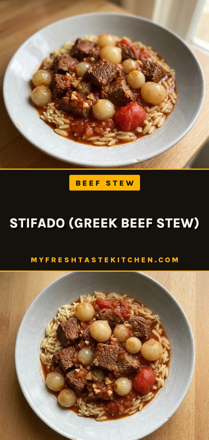 Stifado Greek beef stew with beef chuck, pearl onions, and red wine in a dark tomato sauce.