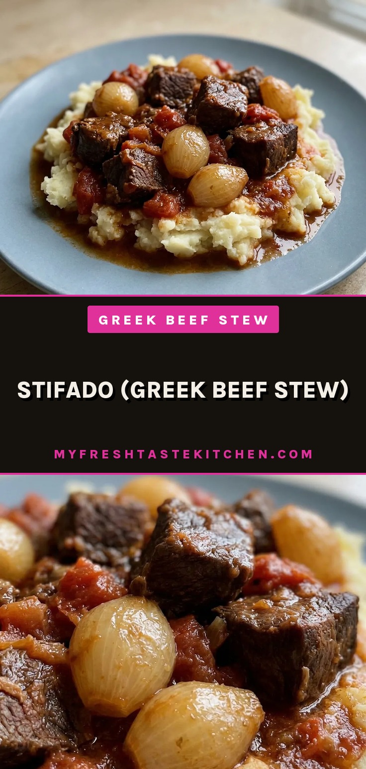 Stifado Greek Beef Stew with pearl onions and tomato sauce, featuring beef chuck in a dark red wine and cinnamon broth.