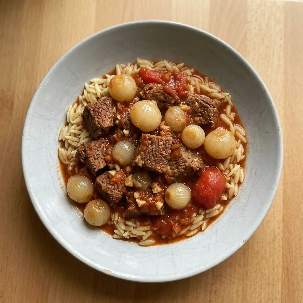 A serving of stifado with chunks of beef, whole pearl onions, and rich tomato-red wine sauce, topped with cinnamon stick.