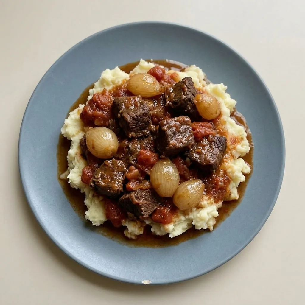 Plated Stifado with beef, pearl onions, and tomato sauce, topped with a cinnamon stick and allspice berries.