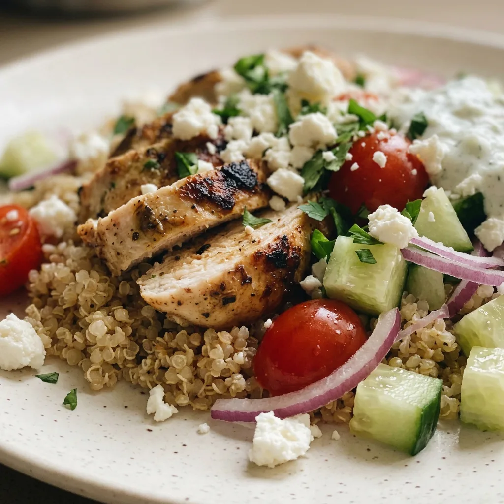 Macro detail of a chicken piece with oregano and lemon, next to quinoa, cherry tomatoes, cucumber, red onion, feta, and parsley.