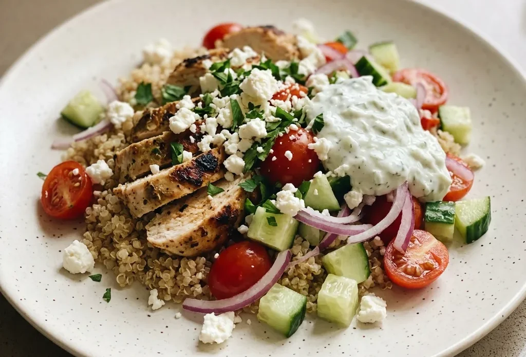 Top-down look at a bowl with quinoa, chicken pieces, cherry tomatoes, cucumber slices, red onion rings, feta crumbles, and parsley.