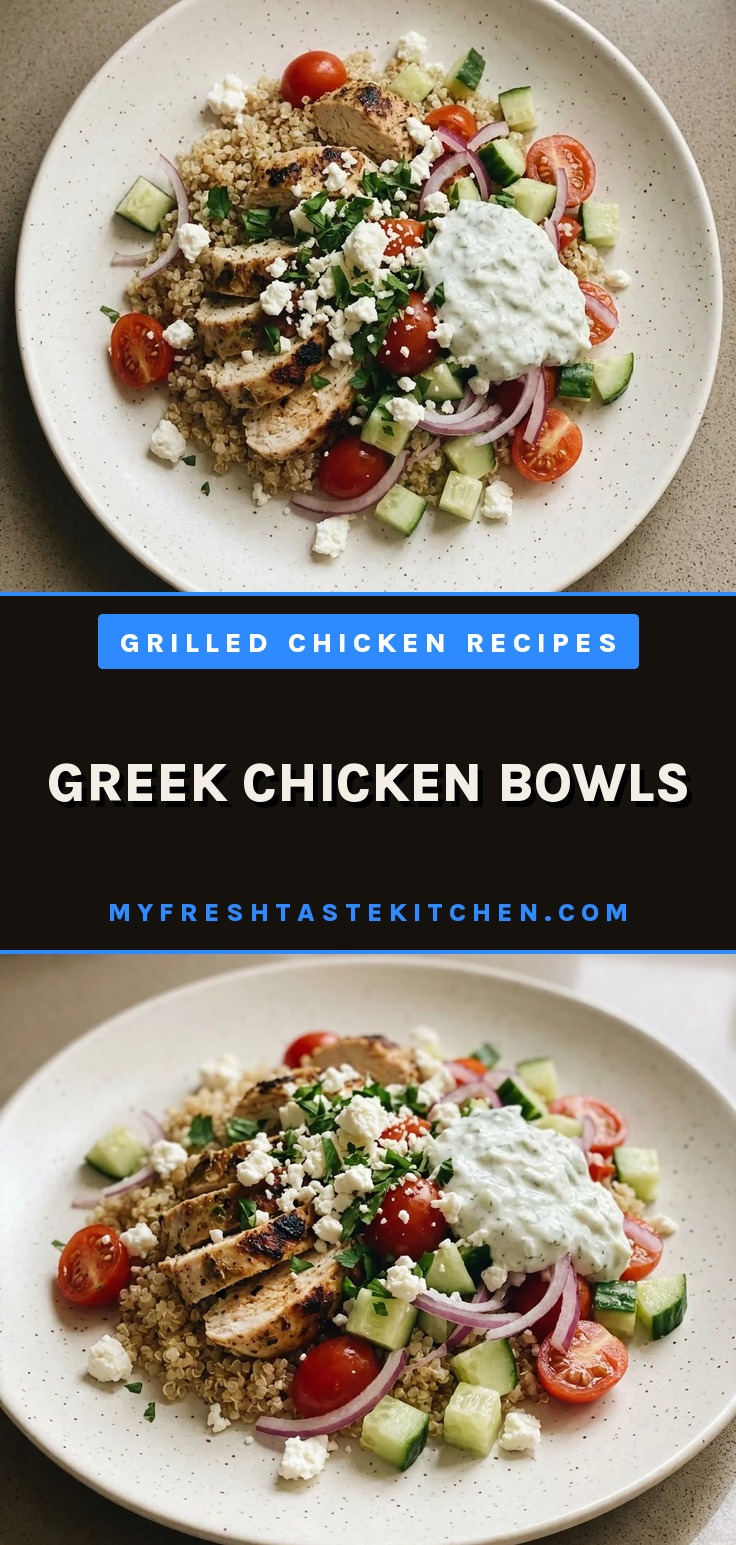 Top-down look at a bowl with quinoa, chicken pieces, cherry tomatoes, cucumber slices, red onion rings, feta crumbles, and parsley.