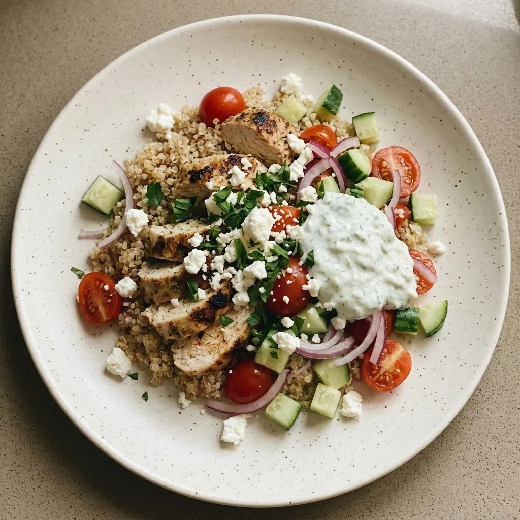 A serving of Greek chicken bowl with quinoa, chicken, cherry tomatoes, cucumber, red onion, feta, parsley, and tzatziki sauce.