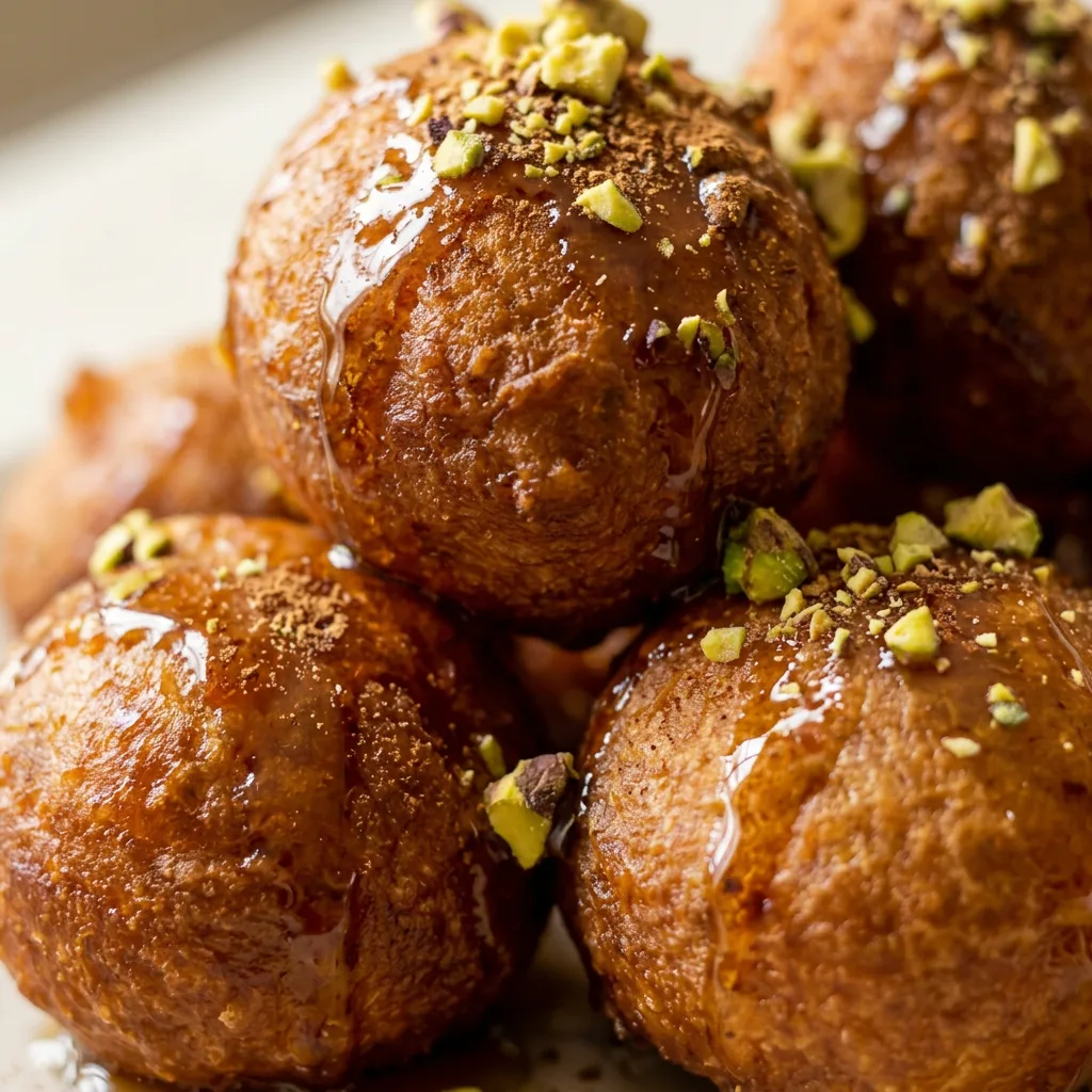Zoomed in on a loukoumada topped with honey, cinnamon, and pistachio pieces, showing crispy texture.