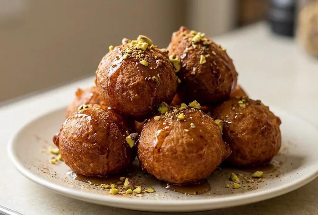Bird's-eye view of golden loukoumades drizzled with honey and sprinkled with cinnamon and chopped pistachios.
