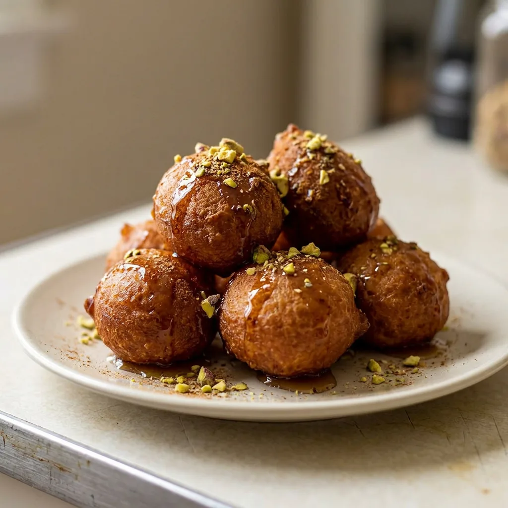 Bird's-eye view of golden loukoumades drizzled with honey and sprinkled with cinnamon and chopped pistachios.