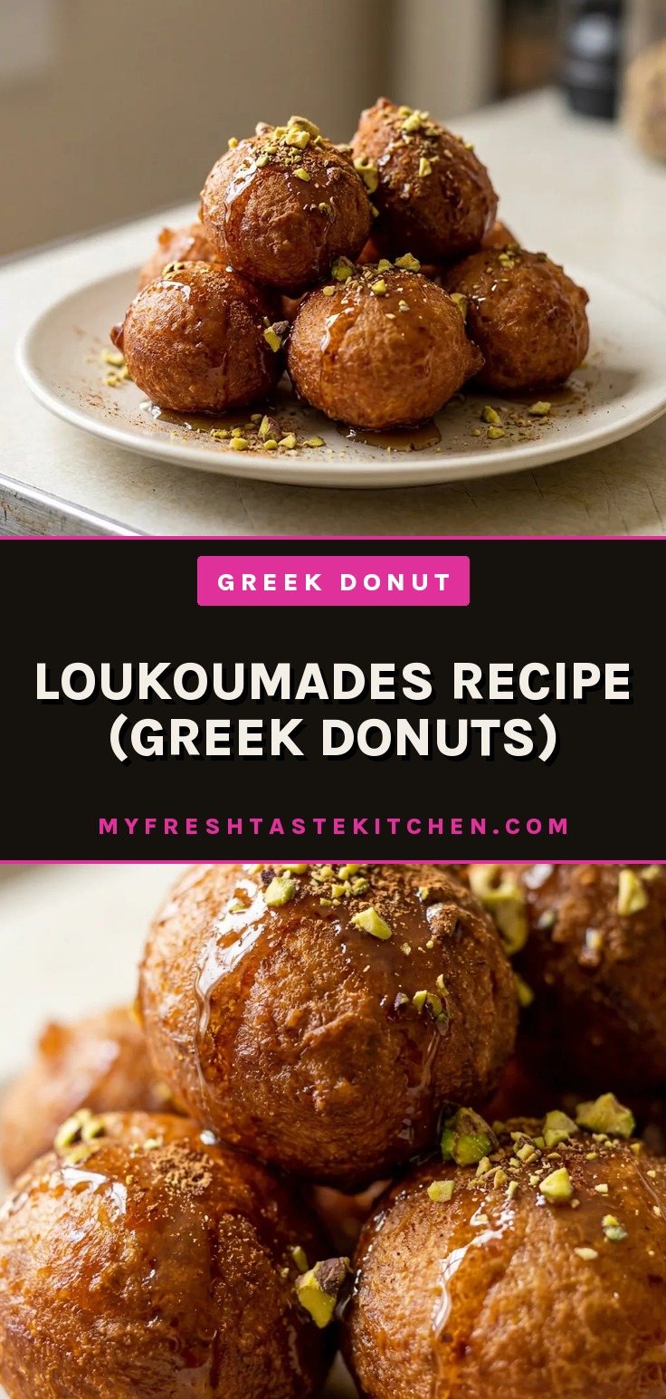 Loukoumades recipe greek donuts drizzled with honey and topped with crushed pistachios and cinnamon, crispy fried dough balls stacked on each other.