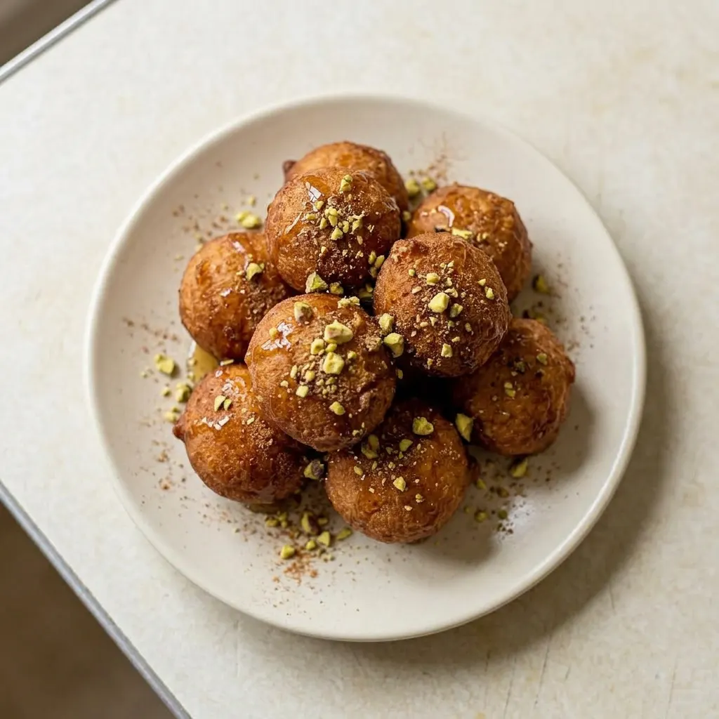 Ready to serve: a pile of honey-drenched loukoumades garnished with cinnamon and pistachios.