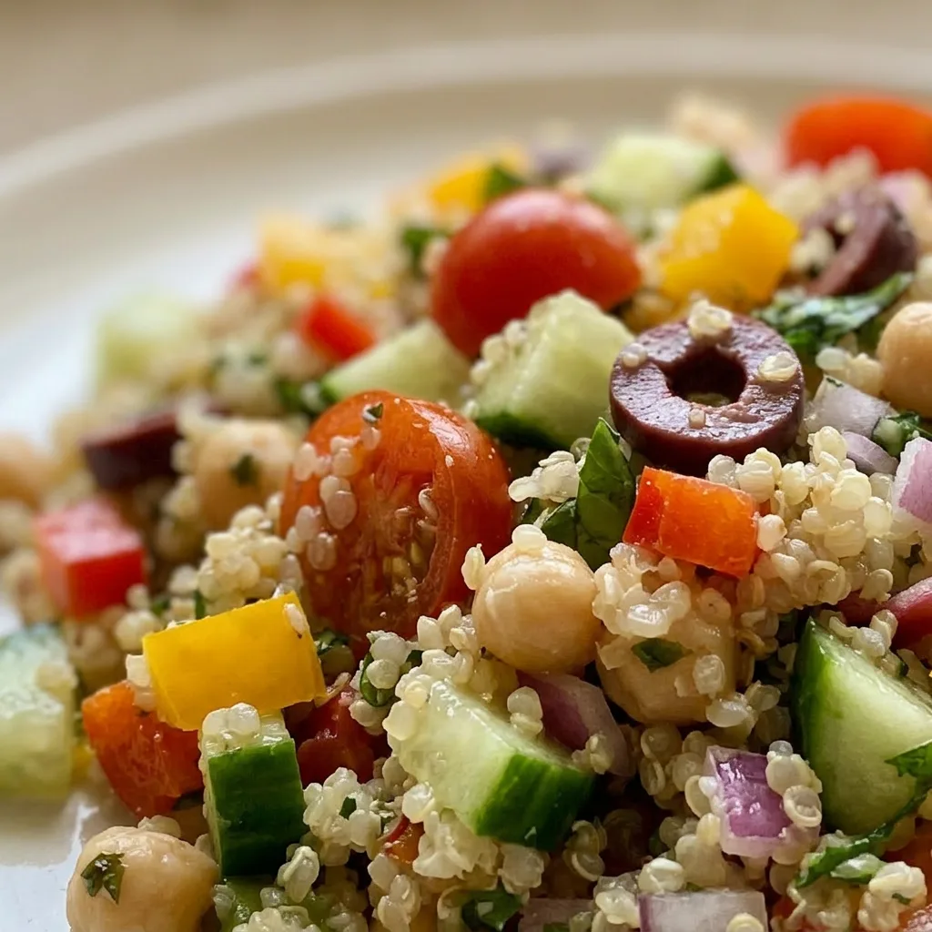 Close view of quinoa, chickpeas, tomatoes, cucumber, olives, and red onion with basil leaves.