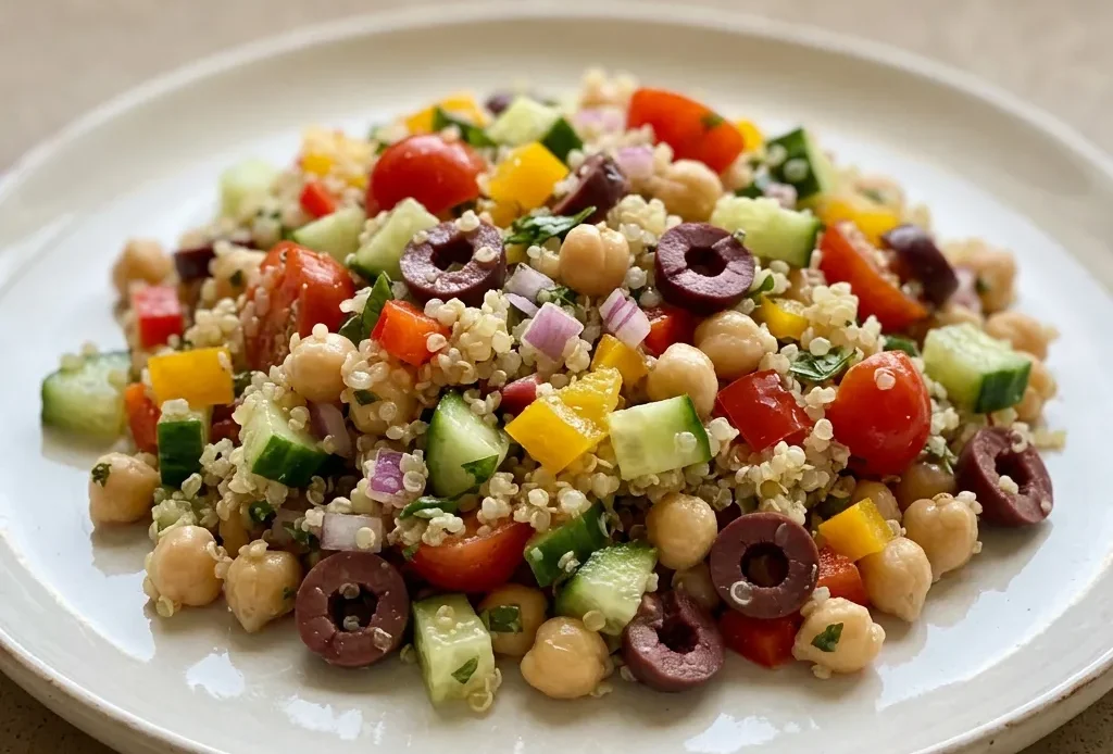 Overhead shot of quinoa salad with chickpeas, bell pepper, tomatoes, cucumber, olives, red onion, and basil.