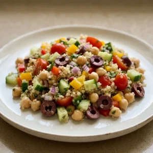 Overhead shot of quinoa salad with chickpeas, bell pepper, tomatoes, cucumber, olives, red onion, and basil.