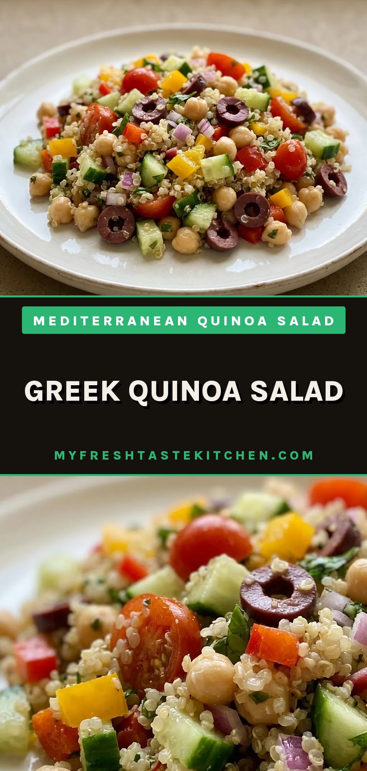 Overhead shot of quinoa salad with chickpeas, bell pepper, tomatoes, cucumber, olives, red onion, and basil.