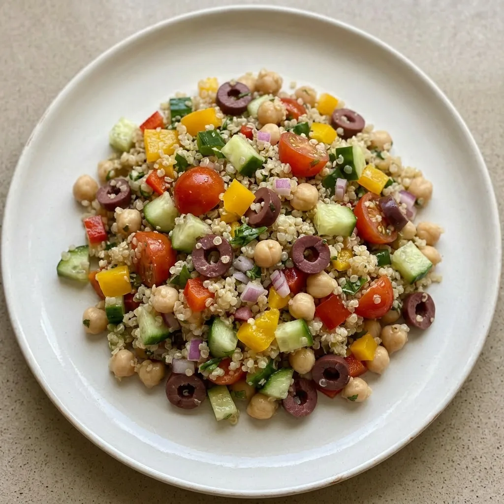 Plated quinoa salad topped with chickpeas, bell pepper, tomatoes, cucumber, Kalamata olives, red onion, and basil.