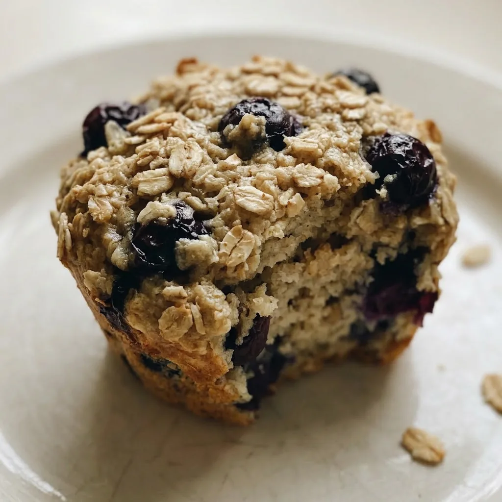 Zoomed in on a golden muffin with a crumbly oat topping, a swirl of honey, and a cluster of blueberries tucked in the center.