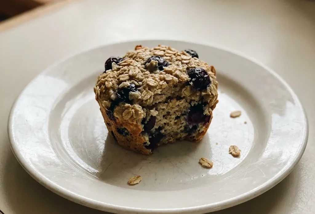 Bird's-eye view of a blueberry muffin topped with rolled oats and a dollop of Greek yogurt, with whole blueberries scattered around.