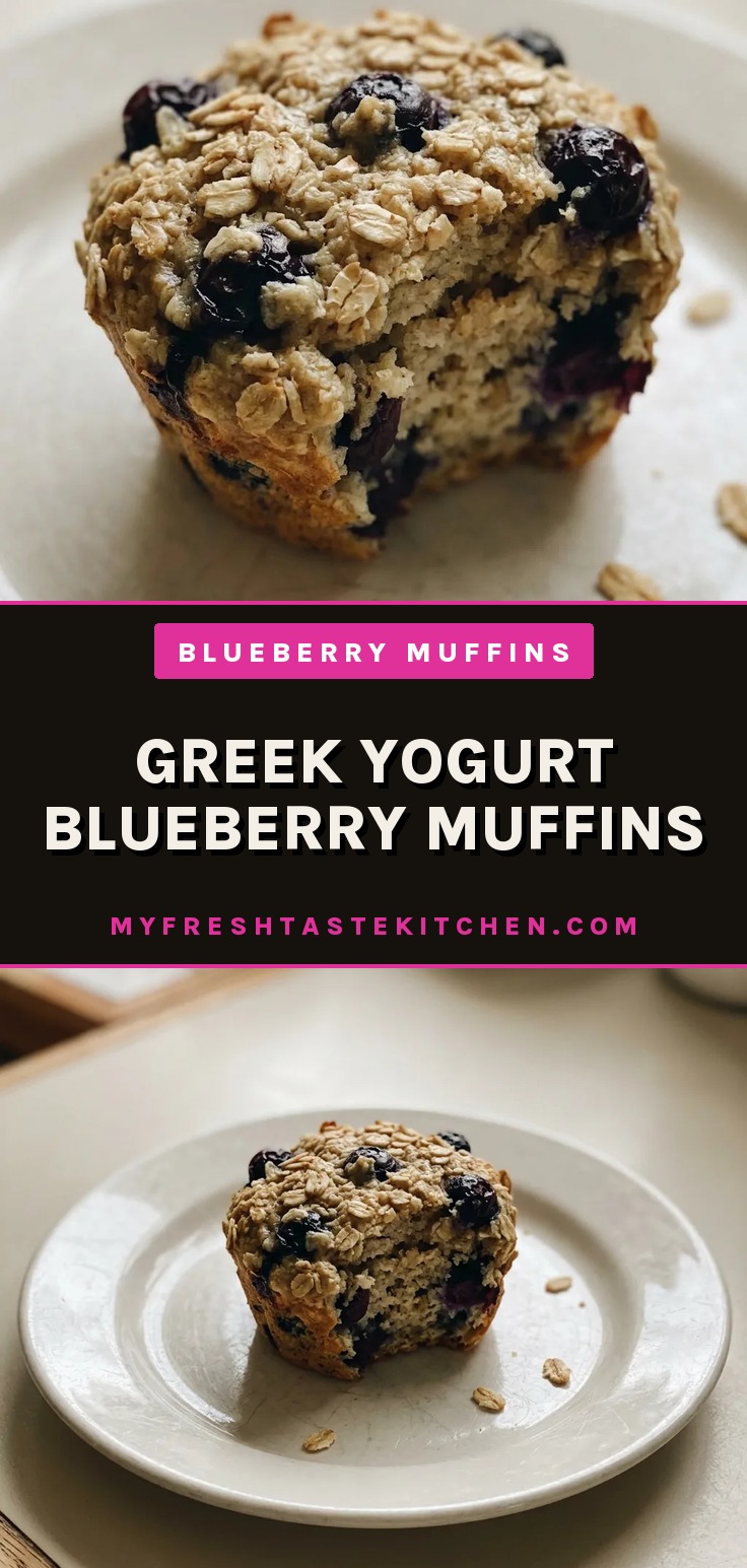Bird's-eye view of a blueberry muffin topped with rolled oats and a dollop of Greek yogurt, with whole blueberries scattered around.