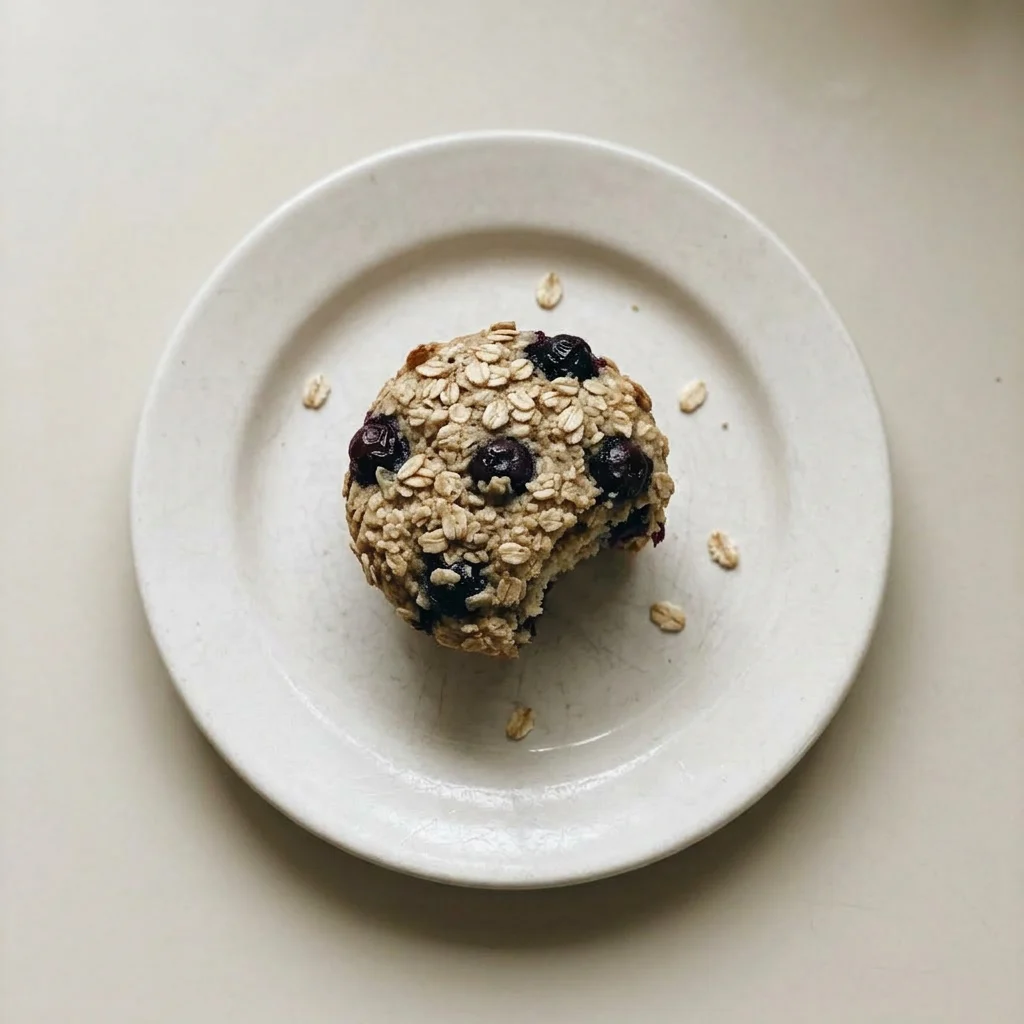 Ready to serve: a single blueberry muffin drizzled with honey and garnished with fresh blueberries and a spoonful of Greek yogurt.