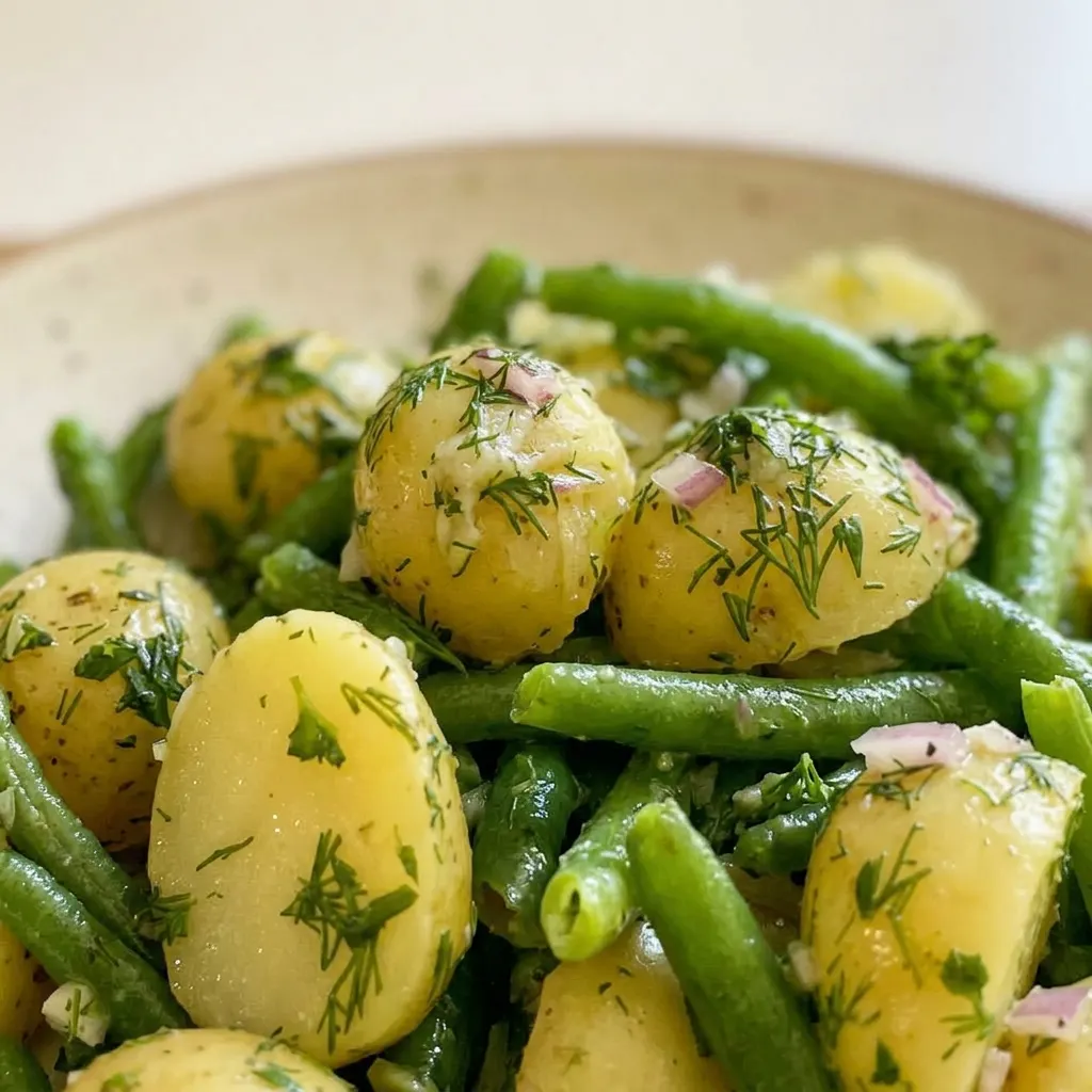 Macro detail of a potato wedge with green beans, lemon zest, dill, and parsley.